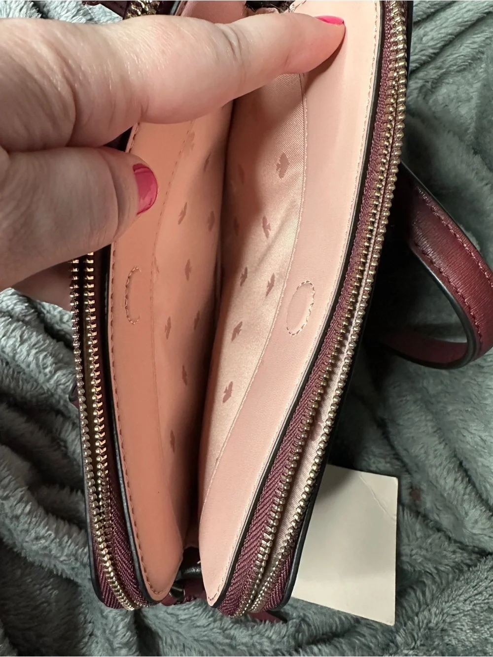 kate spade pink and burgundy dog appliqué crossbody